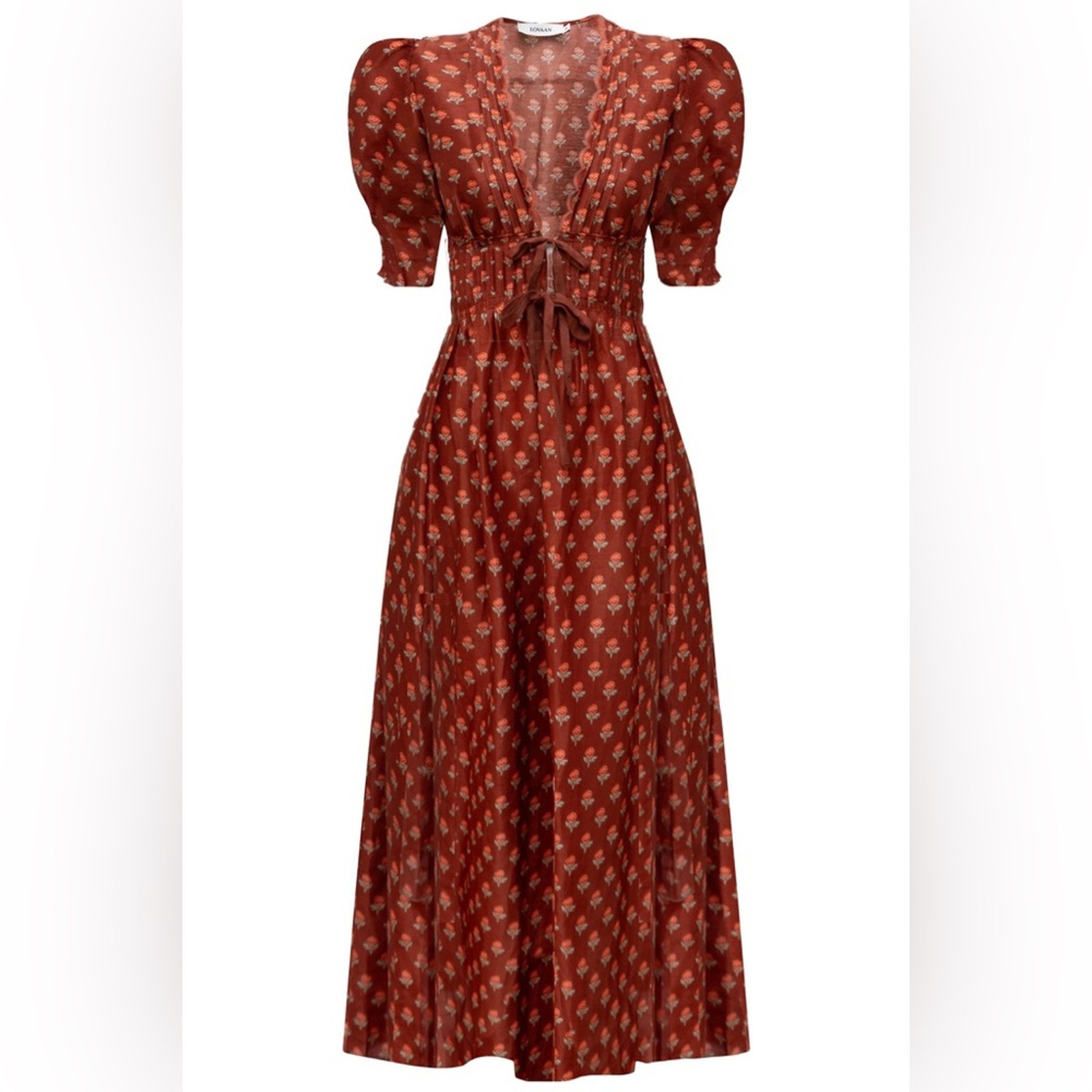 Lovaan Boehm Linen-Silk Puff-Sleeve V-Neck Midi Dress — image 3 of 8